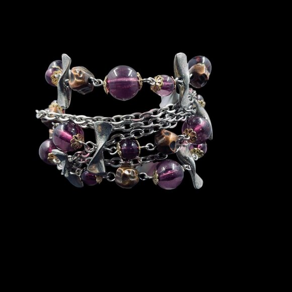 Chicos Multi Strand Beaded Charm Bracelet Purple Gold Silver Boho Statement - Picture 8 of 9